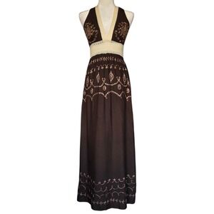 Elan Brown Y2K Halter Maxi Dress Romantic Boho Embroidered Lace Smocked Womens L